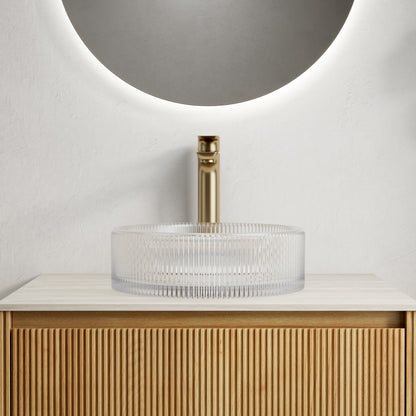 Round Transparent Crystal Glass Above-Counter Vessel Sink front view vertical ribbed exterior above-counter design