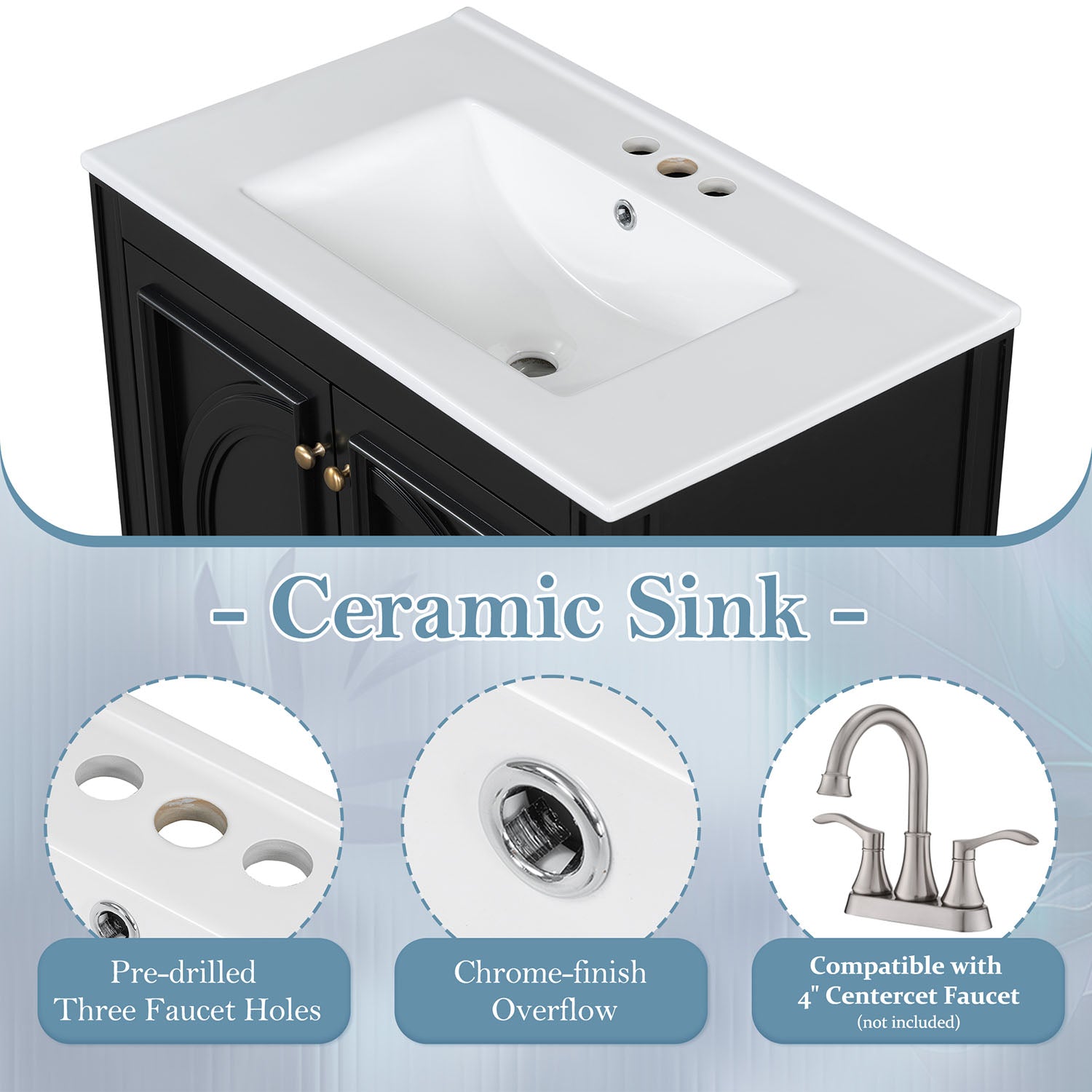 ceramic sink detail on black bathroom vanity with overflow