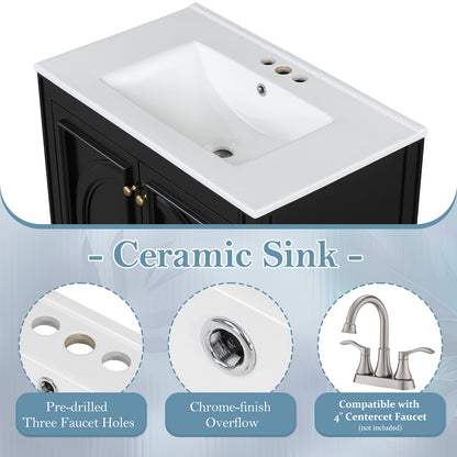 ceramic sink detail on black bathroom vanity with overflow