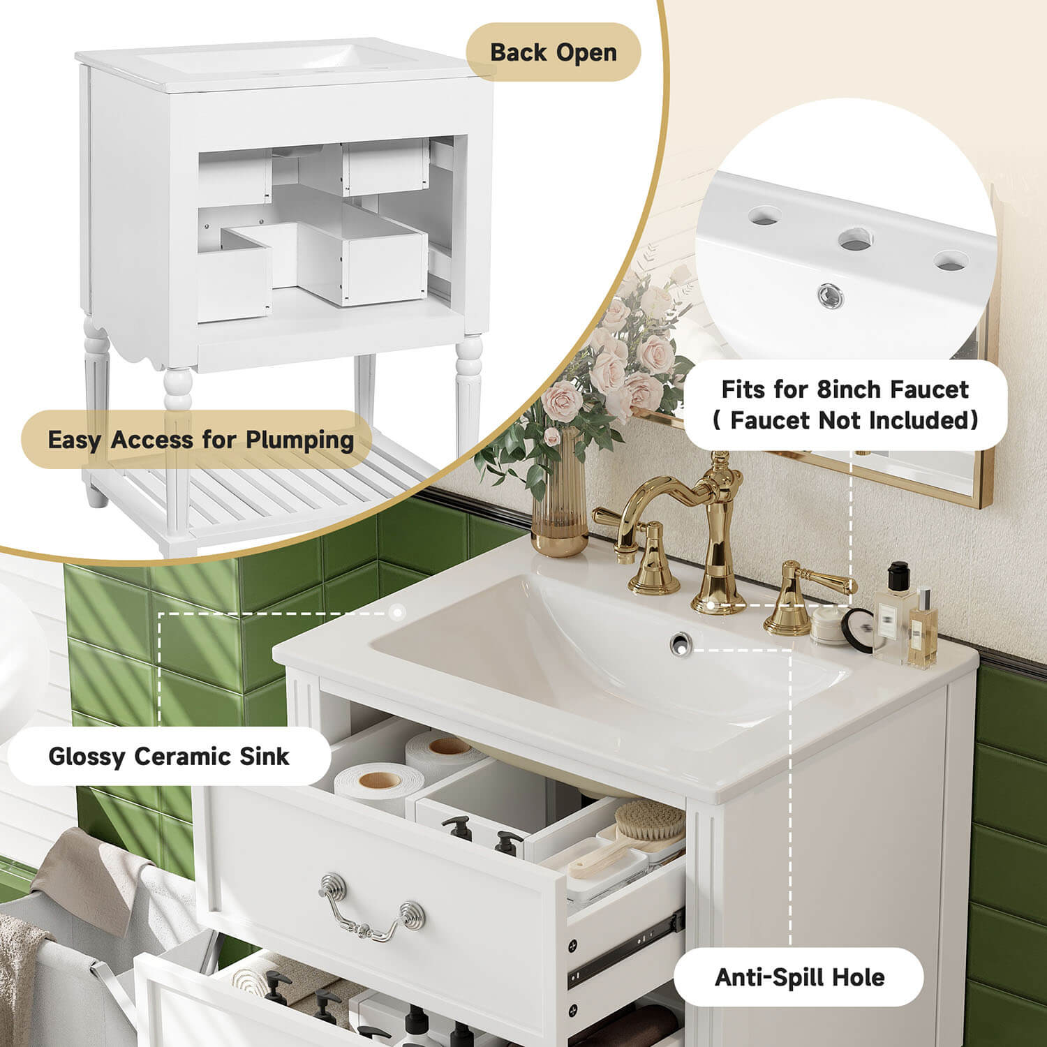 ceramic sink detail with smooth surface on bathroom vanity