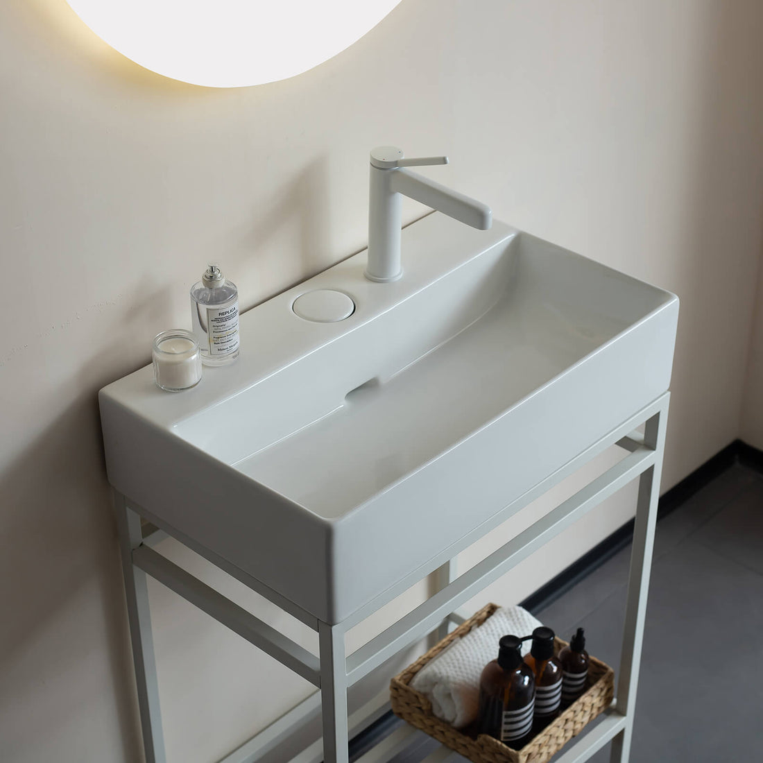 clean white bathroom vanity for powder room