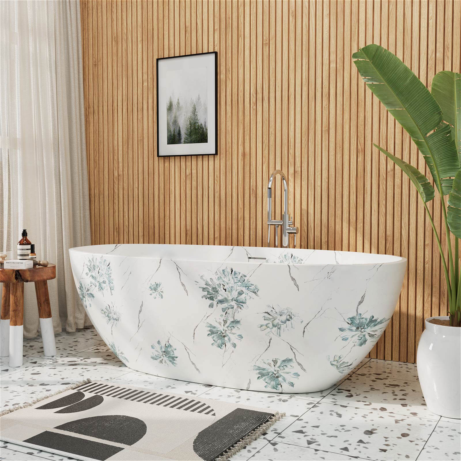 close up of green botanical patterns on luxury bathtub