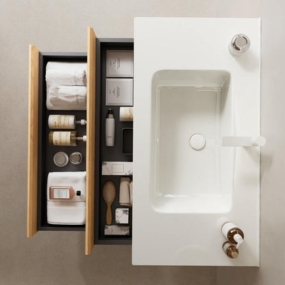 close up of integrated white ceramic sink
