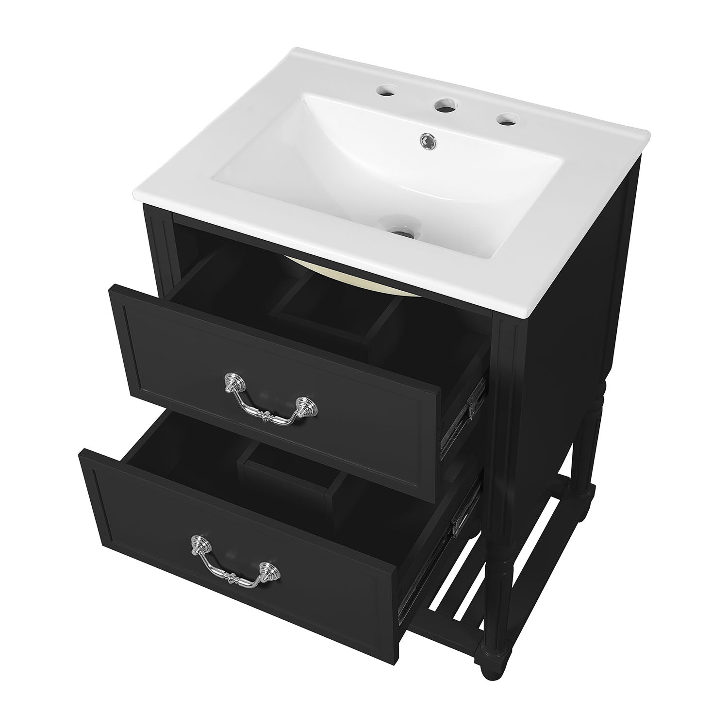 close up of U shaped drawer on black bathroom vanity