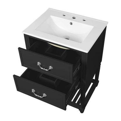 close up of U shaped drawer on black bathroom vanity
