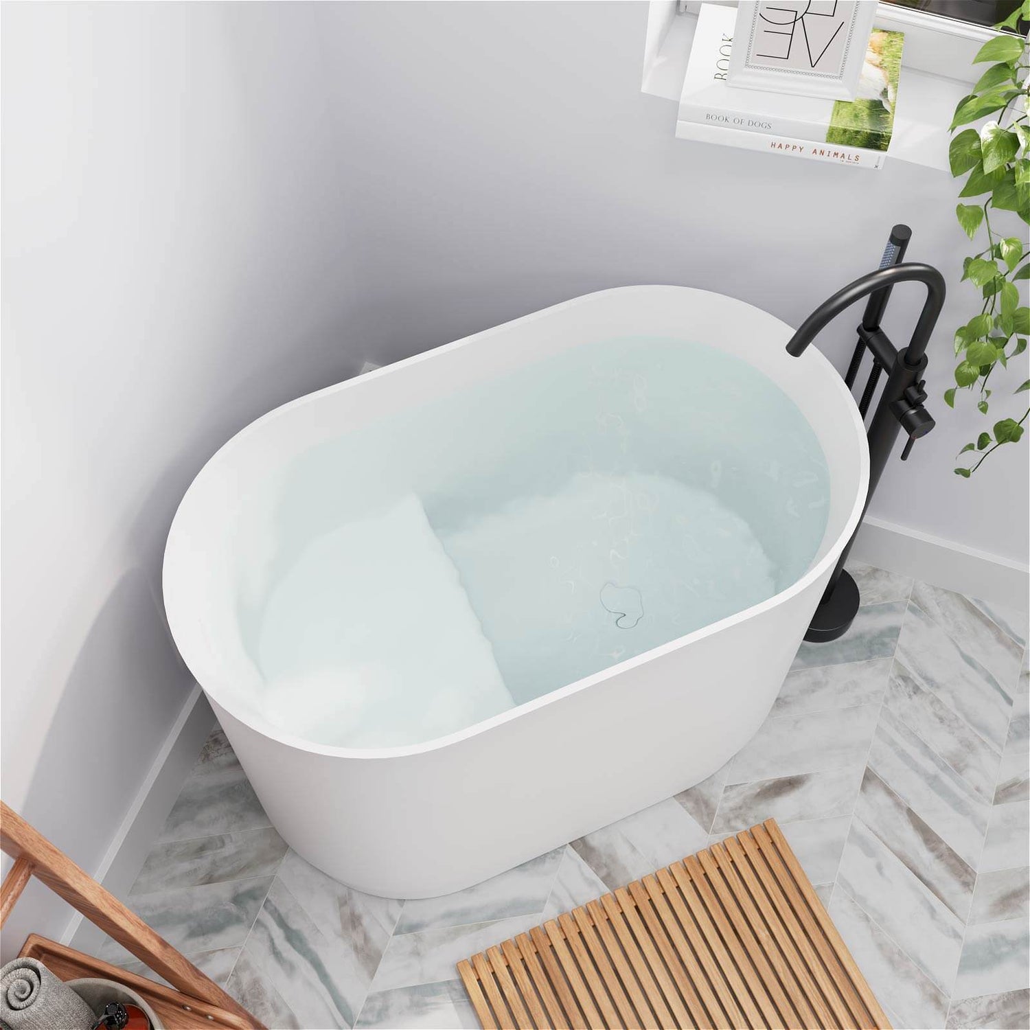 39&quot; Solid Surface Oval Japanese Soaking Tub with Integrated Seat
