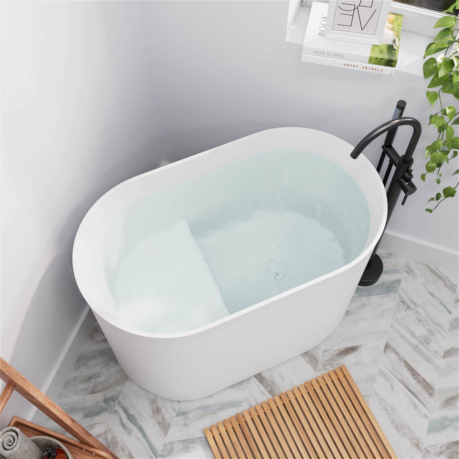 39&quot; Solid Surface Oval Japanese Soaking Tub with Integrated Seat
