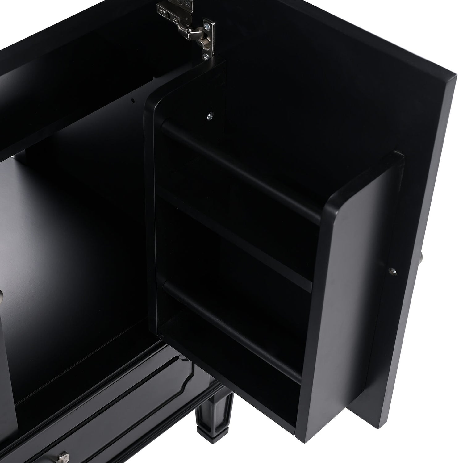compact black freestanding vanity with built in door shelves