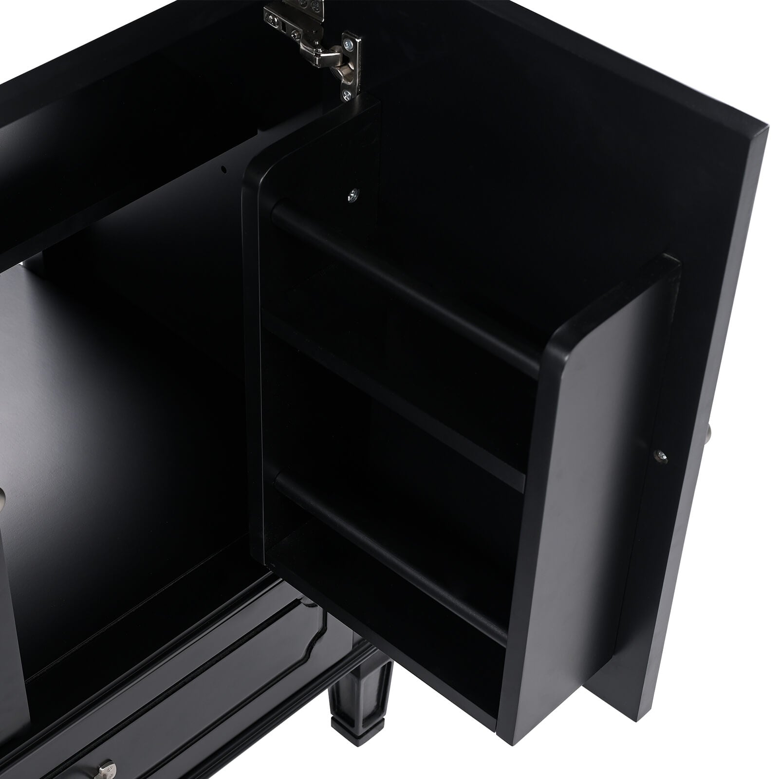 compact black freestanding vanity with built in door shelves