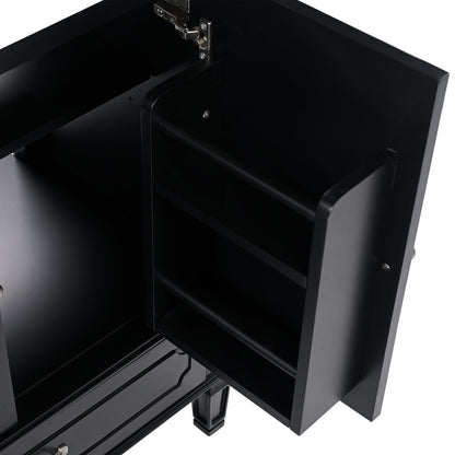 compact black freestanding vanity with built in door shelves