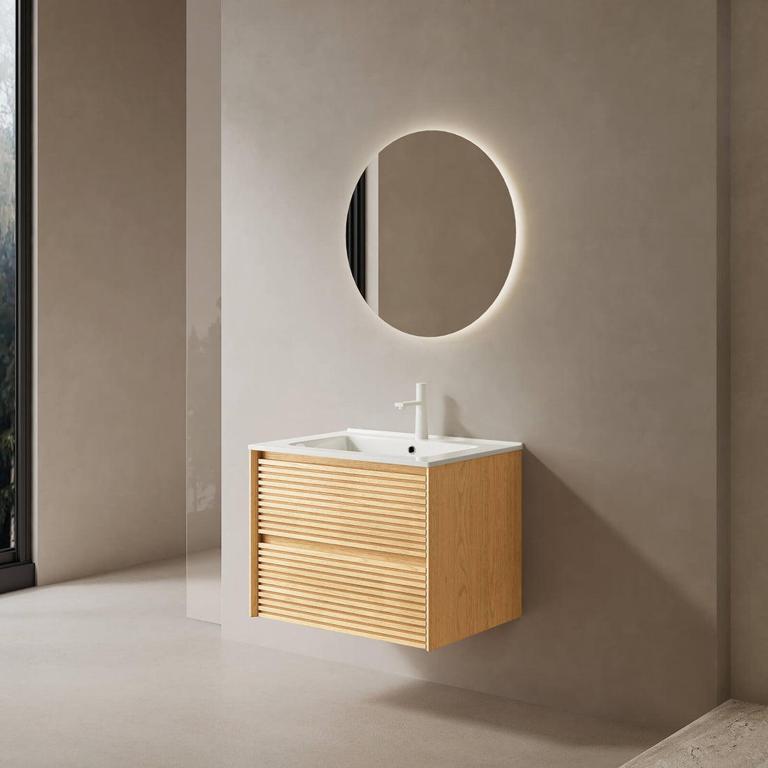 compact floating vanity with fluted drawers