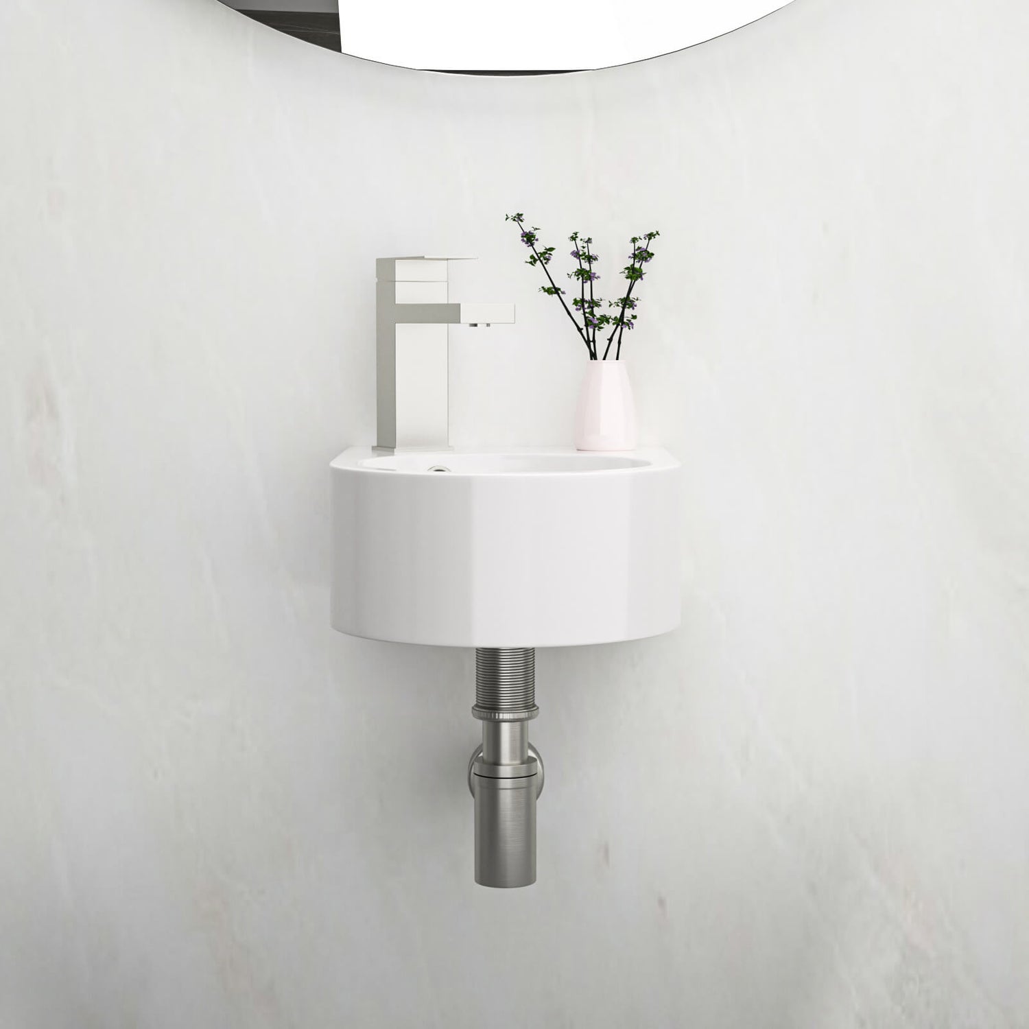 compact wall mounted basin with soft curved front edge