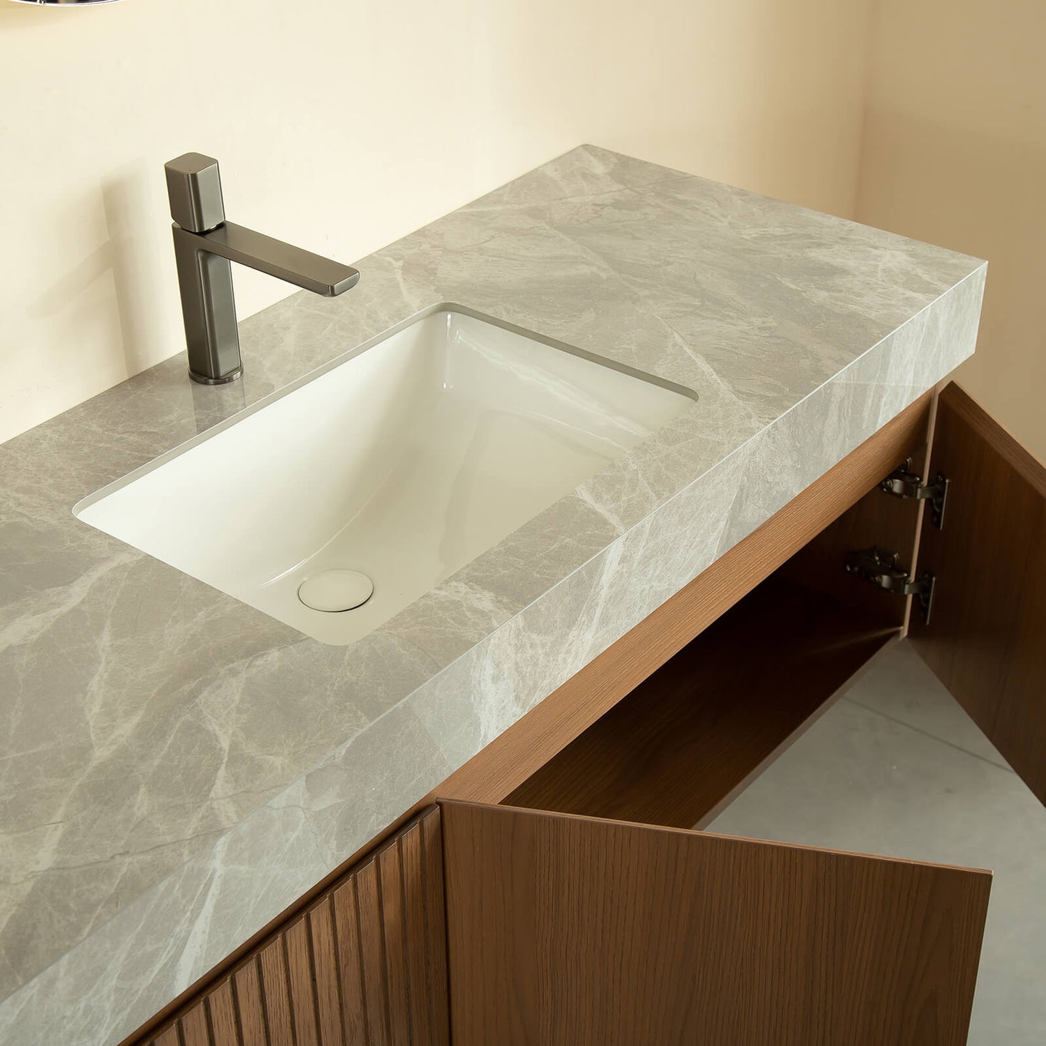contemporary bathroom vanity with soft close storage