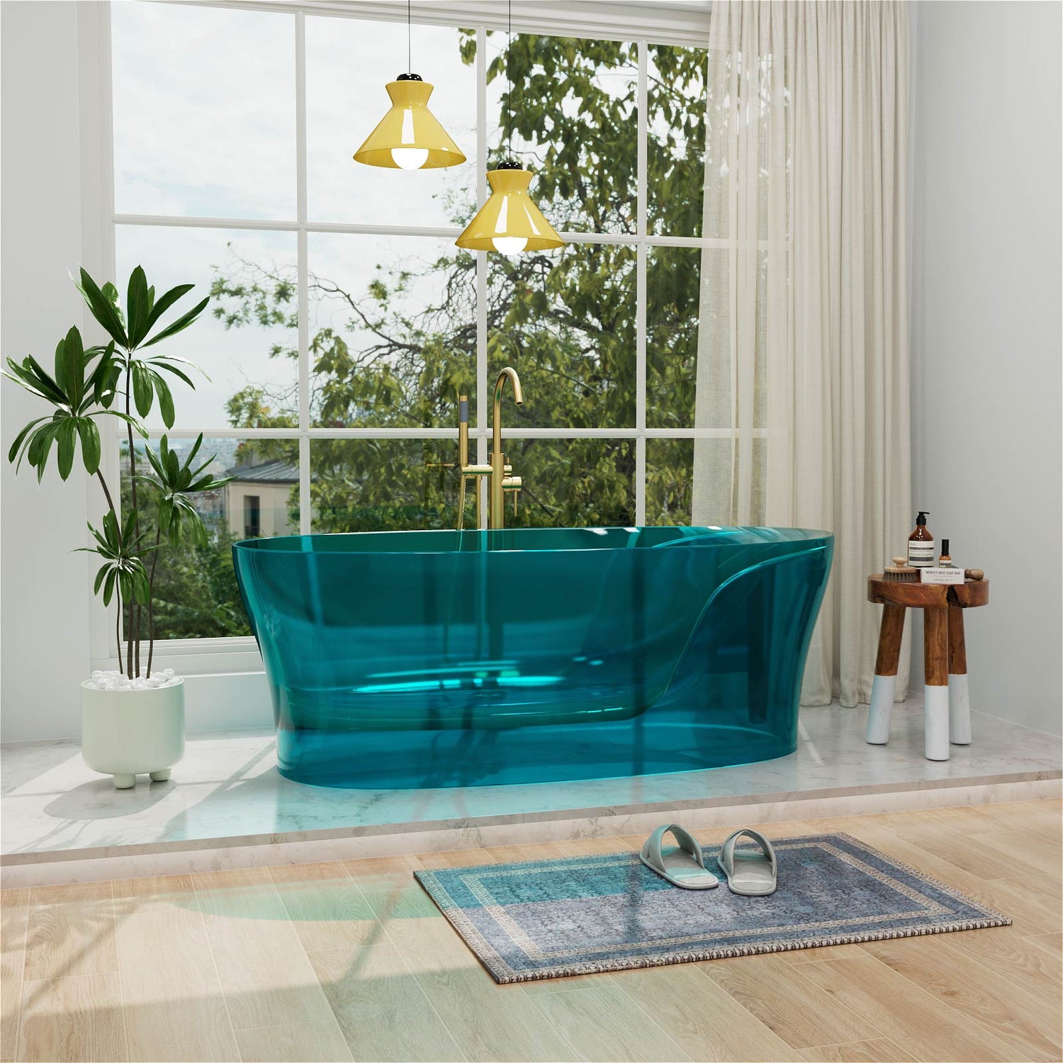 contemporary freestanding resin tub in transparent teal finish