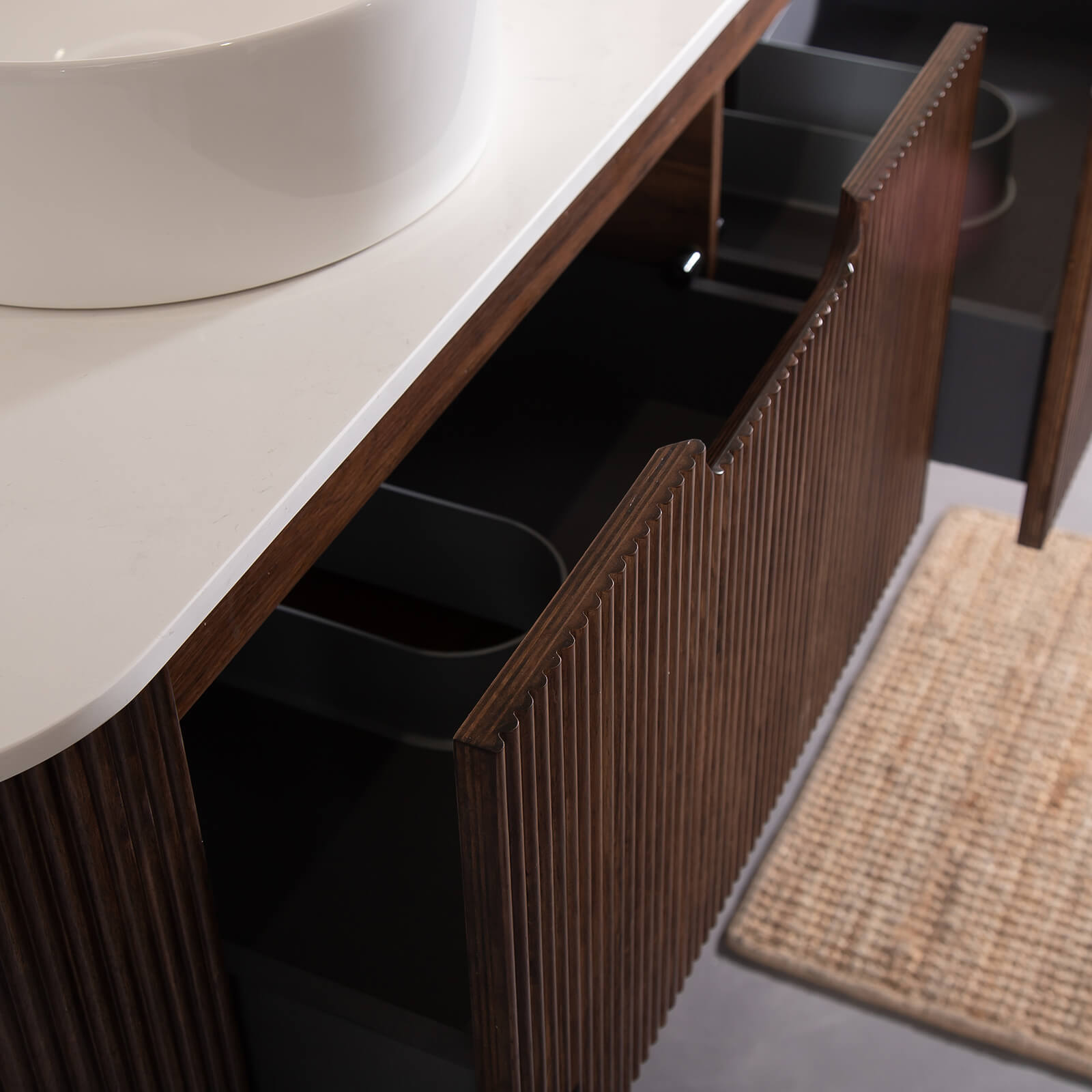 contemporary walnut bathroom vanity with stripe detail