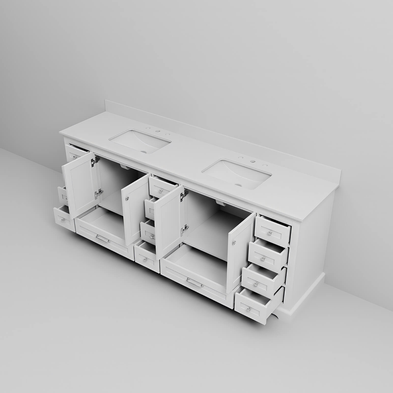 contemporary white bathroom vanity with soft close drawers