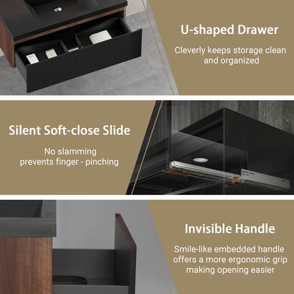 contemporary walnut and black vanity with spacious U shaped storage