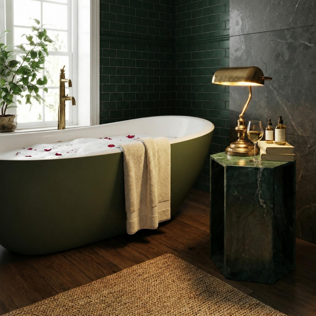 Elegant Emerald Green Marble Side Table with Dramatic White and Sea-green Veining for modern Bathroom or Balcony