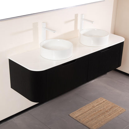 curved edge floating bathroom vanity with vessel sink