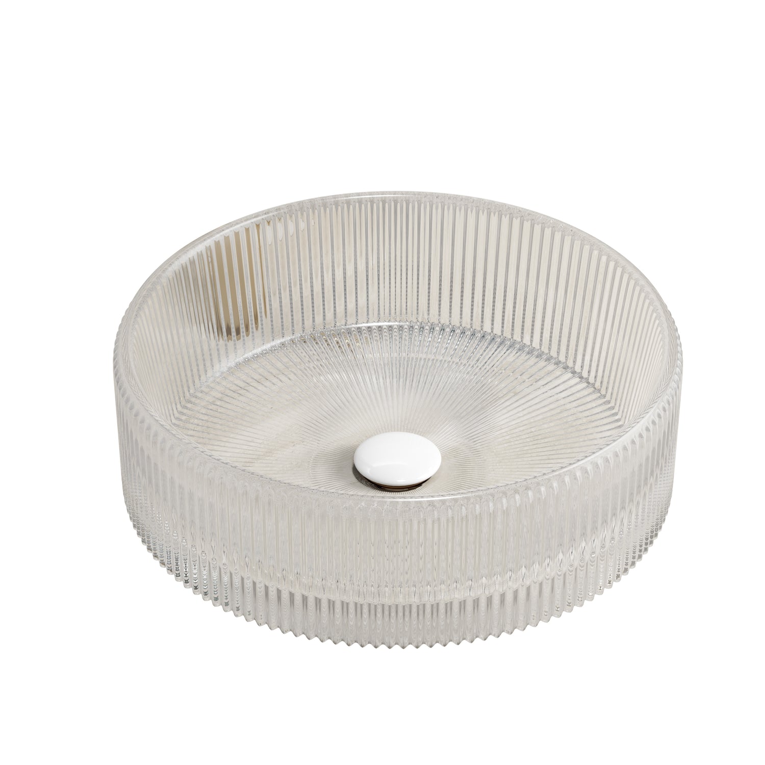 Round Transparent Crystal Glass Above-Counter Vessel Sink oblique view interior radial ribs white drain stopper