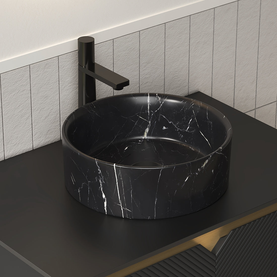 Round Matte Black Ceramic Above-Counter Vessel Sink with Stone Pattern Smooth interior Central drain
