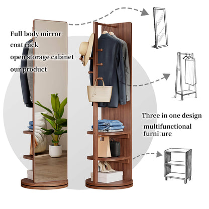 66"x14" Walnut 360° Rotating Full Length Mirror with Hooks, Solid Wood Coat Rack