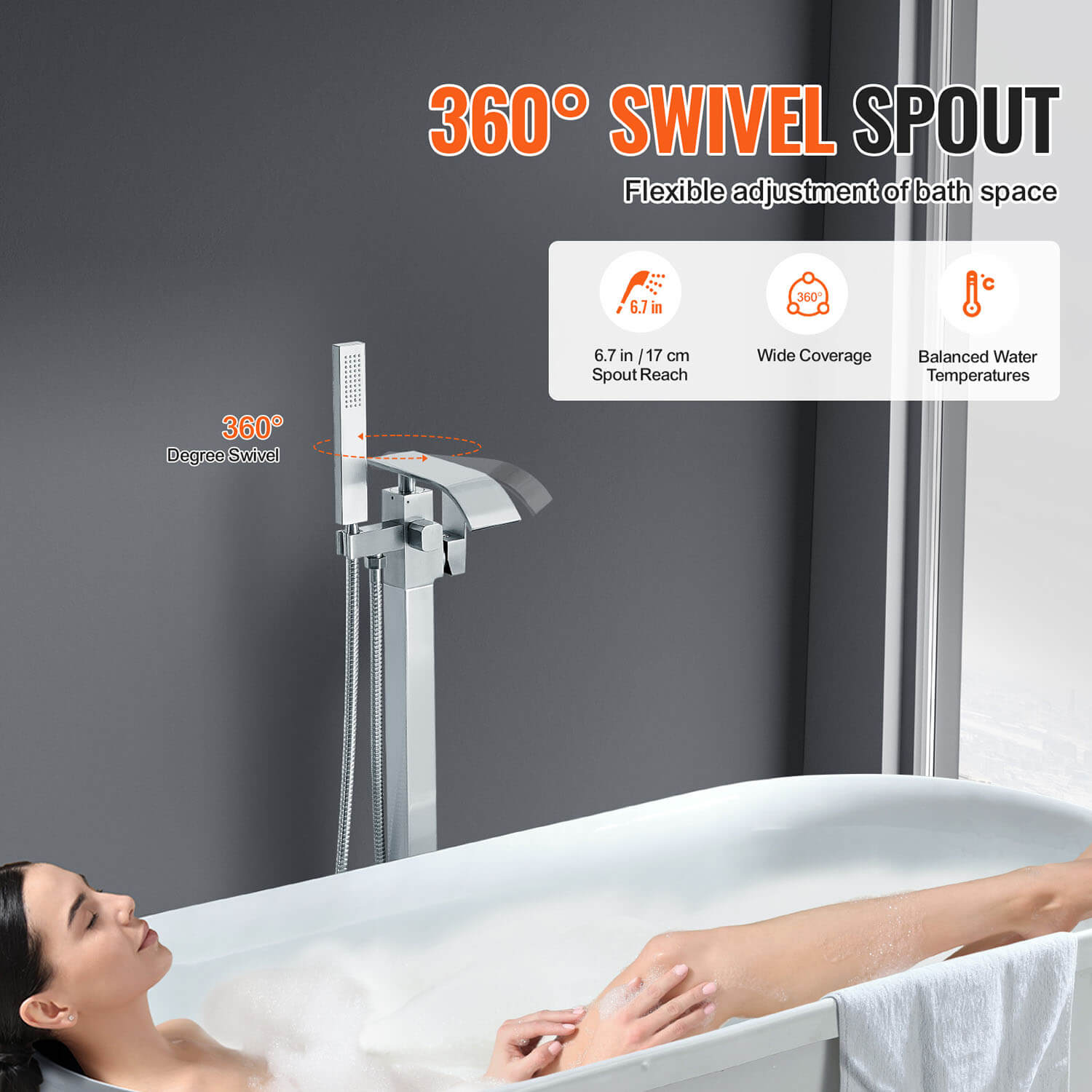 Bathroom Freestanding Tub Filler Faucet with Hand Shower Silver