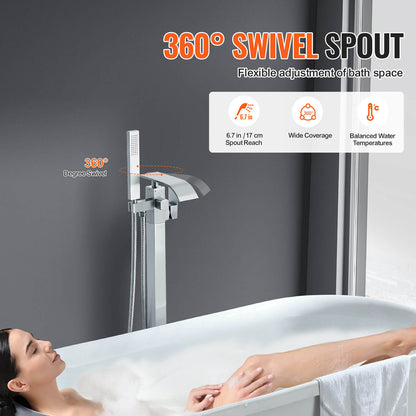 Bathroom Freestanding Tub Filler Faucet with Hand Shower Silver