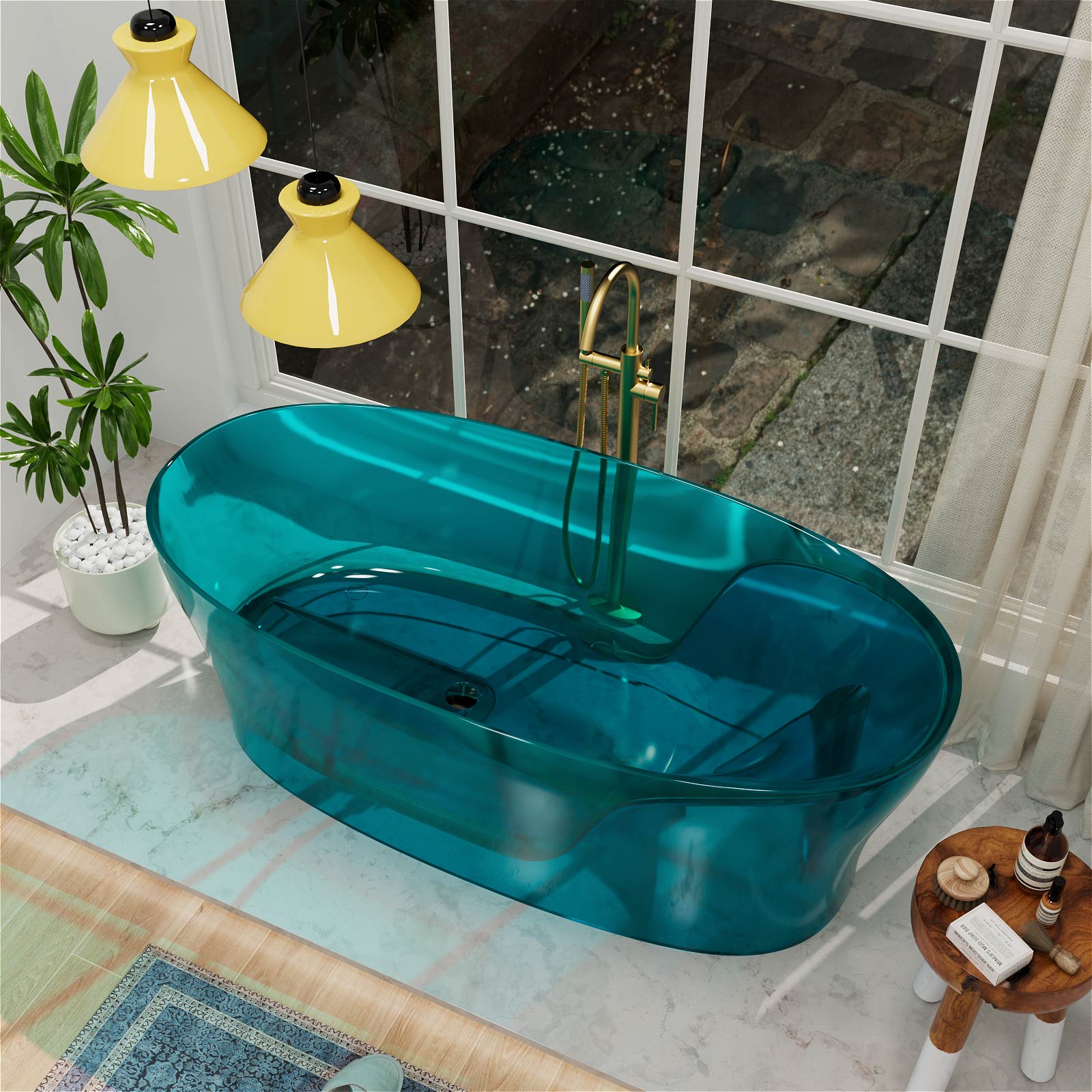 deep 17 inch teal resin freestanding bathtub with pop up drain