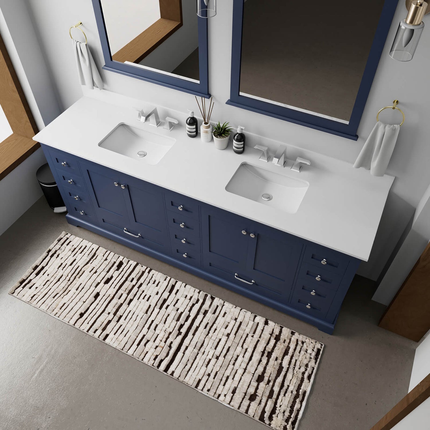 deep blue double sink vanity with sleek marble look countertop