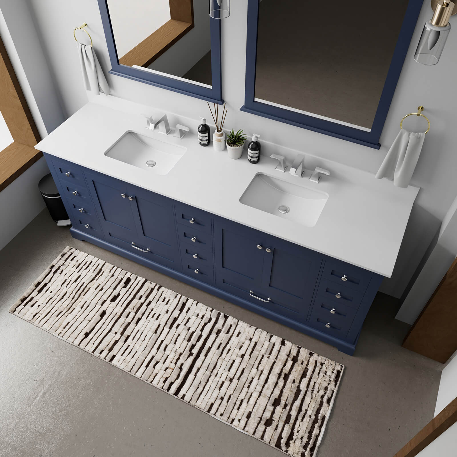 deep blue double sink vanity with sleek marble look countertop