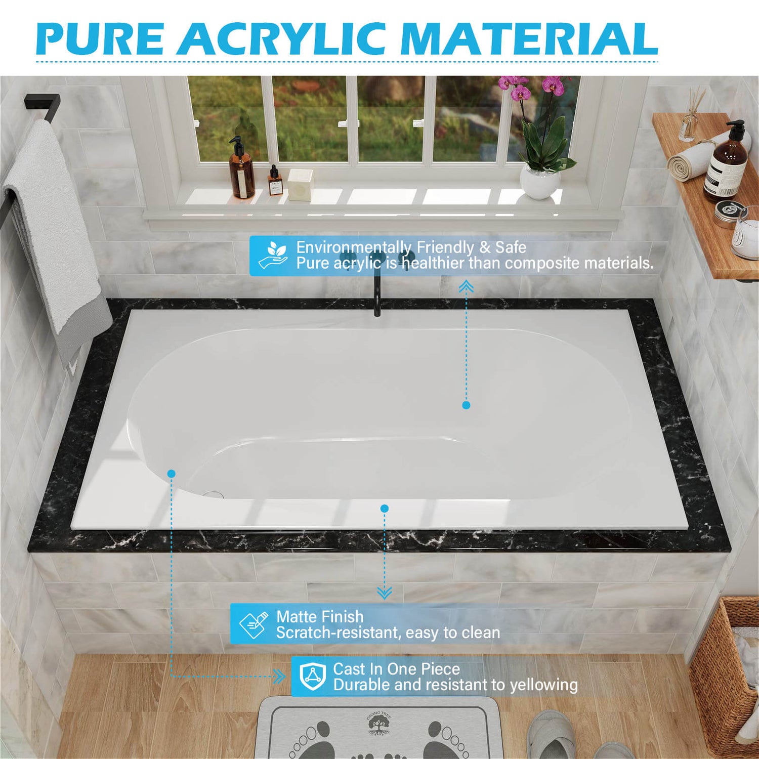 deep drop in bathtub with stone like matte texture