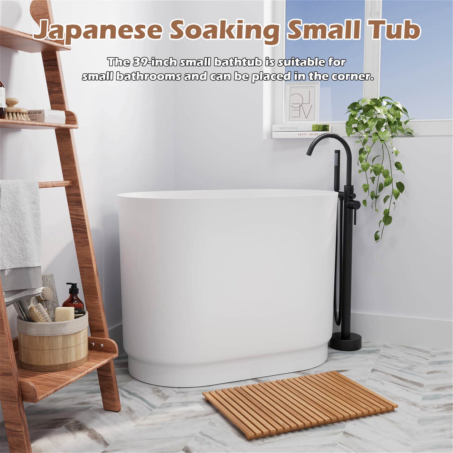 39&quot; Solid Surface Oval Japanese Soaking Tub with Integrated Seat