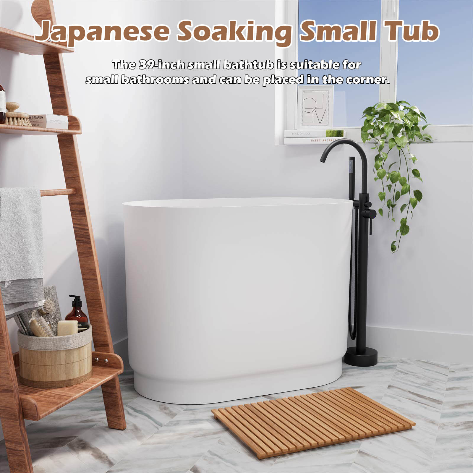 39&quot; Solid Surface Oval Japanese Soaking Tub with Integrated Seat