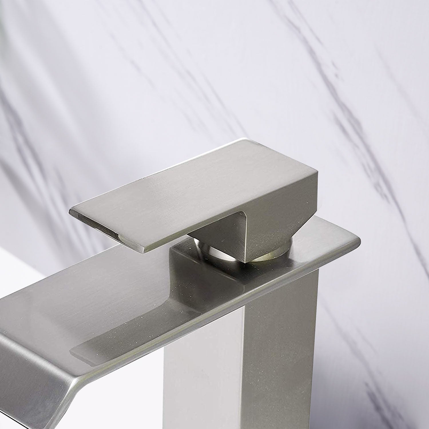 detail of Brushed Nickel Single Handle Waterfall Bathroom Faucet