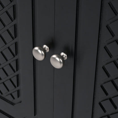 detailed cabinet door carvings on matte black bathroom vanity