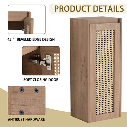 details of 12 inch White Oak Bathroom Wall Cabinet Rattan Door and Shelves