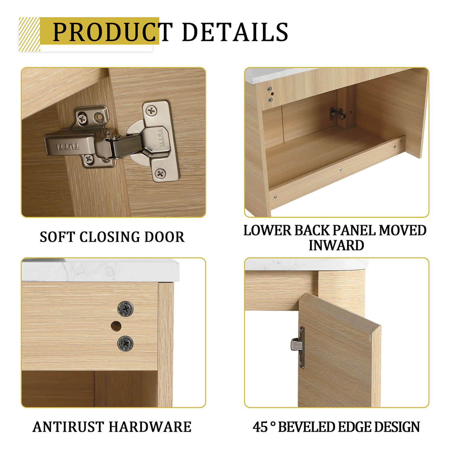 details of 30 inch White Oak Bathroom Vanity with White Ceramic Vessel Sink
