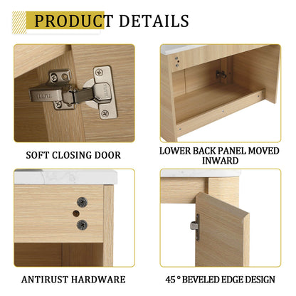 details of 30 inch White Oak Bathroom Vanity with White Ceramic Vessel Sink