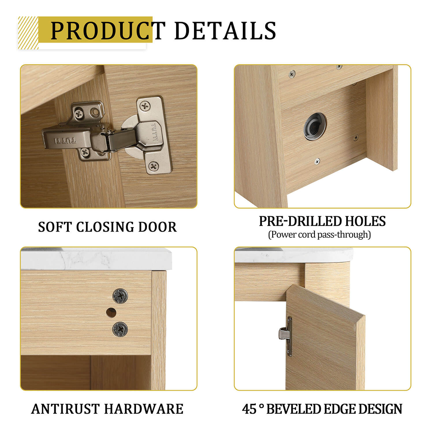 details of 36 inch White Oak Bathroom Vanity with Black Ceramic Vessel Sink and Open Shelves