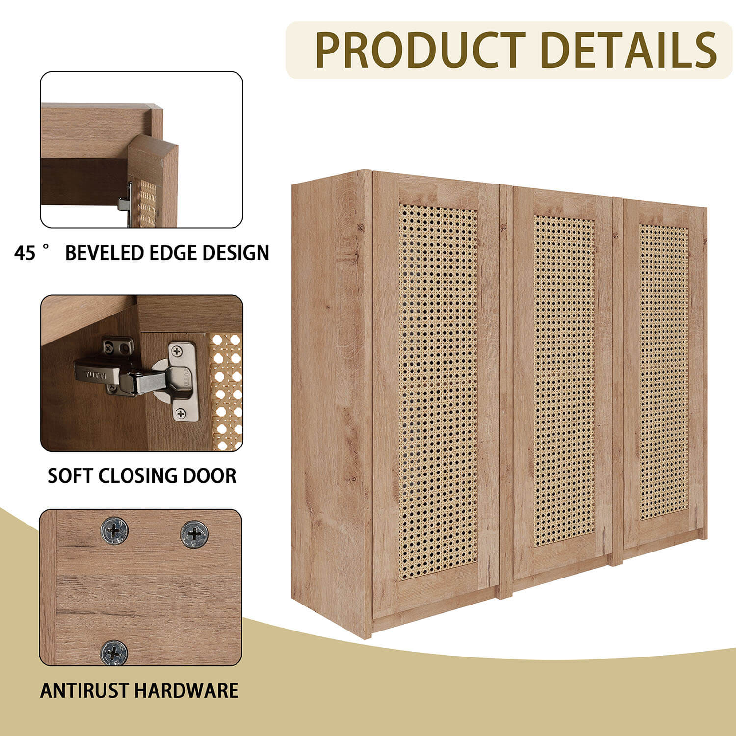 details of 36 inch White Oak Bathroom Wall Cabinet with Rattan Door and Shelves