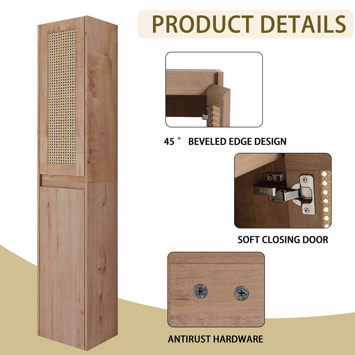 details of 59 inch Tall White Oak Bathroom Wall Cabinet with Rattan Door and Shelves