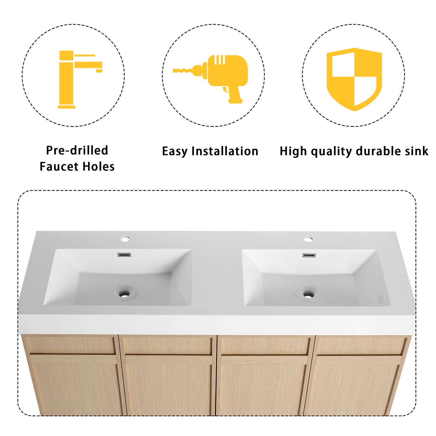 details of 60 inch White Oak Bathroom Vanity with Double Resin Sink and Soft Close Doors