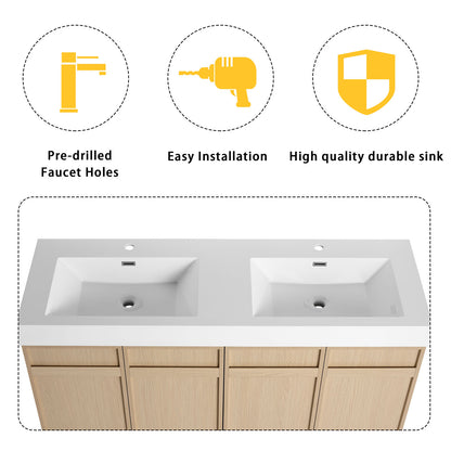 details of 60 inch White Oak Bathroom Vanity with Double Resin Sink and Soft Close Doors