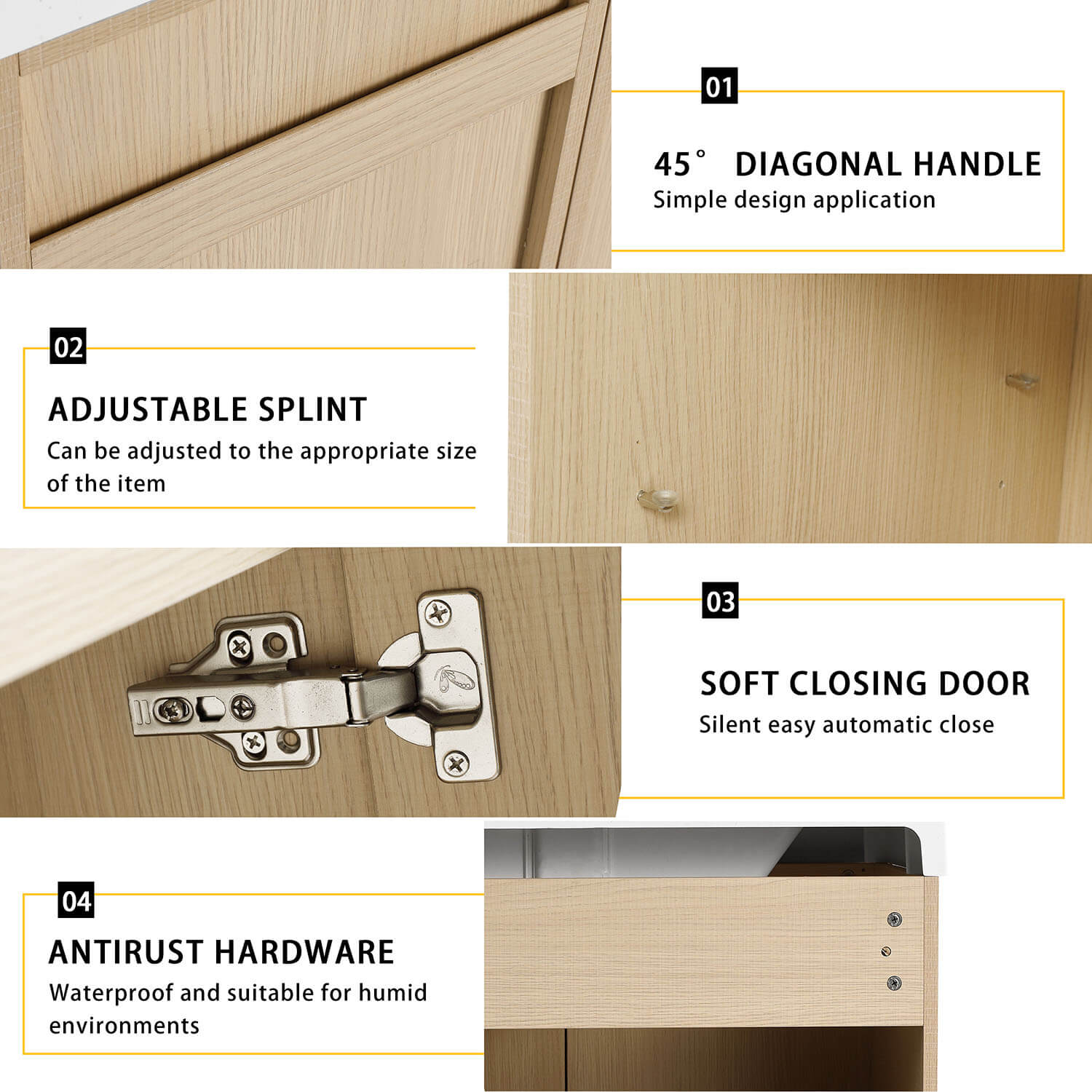 details of White Oak Bathroom Vanity-Resin Sink and Soft Close Cabinet Doors