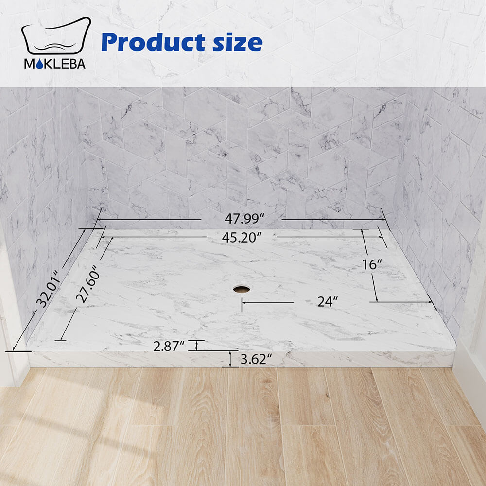 dimension diagram of 48x32 inch marble pattern shower pan