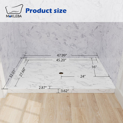 dimension diagram of 48x32 inch marble pattern shower pan