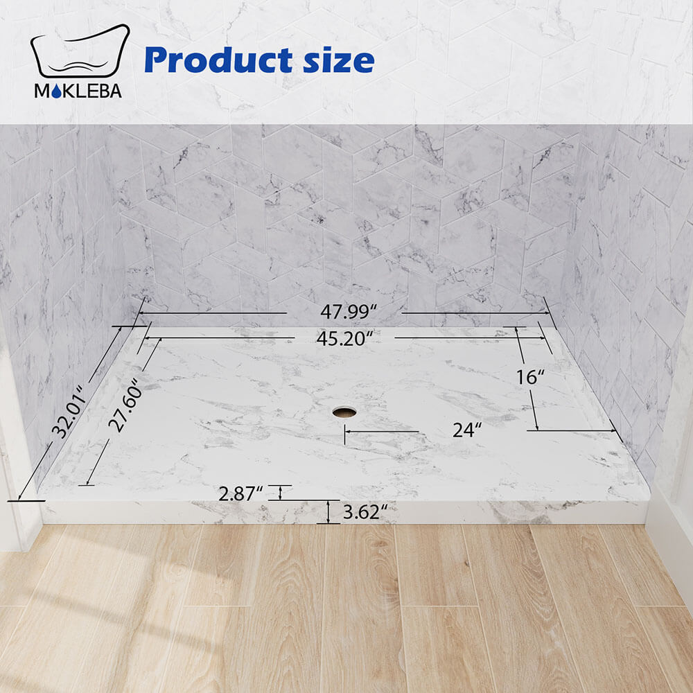 dimensions of 48 x 32 inch marble print center drain shower pan