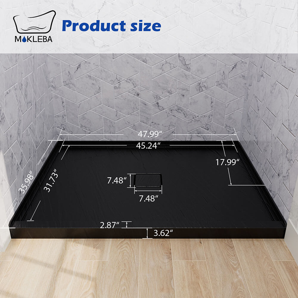 dimensions of 48x36 black center drain shower pan rectangle