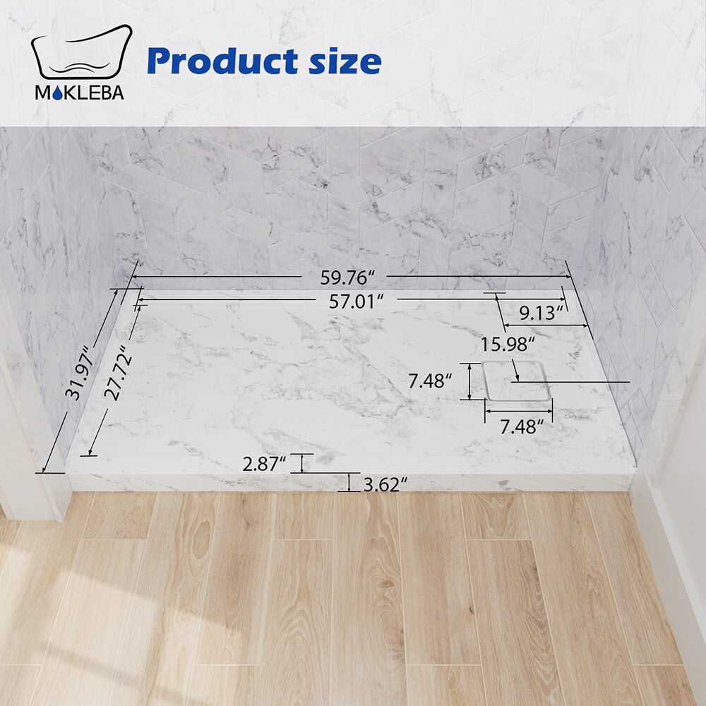 dimensions of 60x32 inch acrylic shower base with right drain design